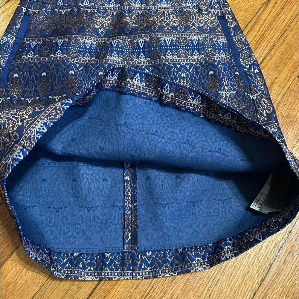 Massimo Dutti Mini Skirt Navy Blue Bronze Gold Metallic Jacquard Size 4